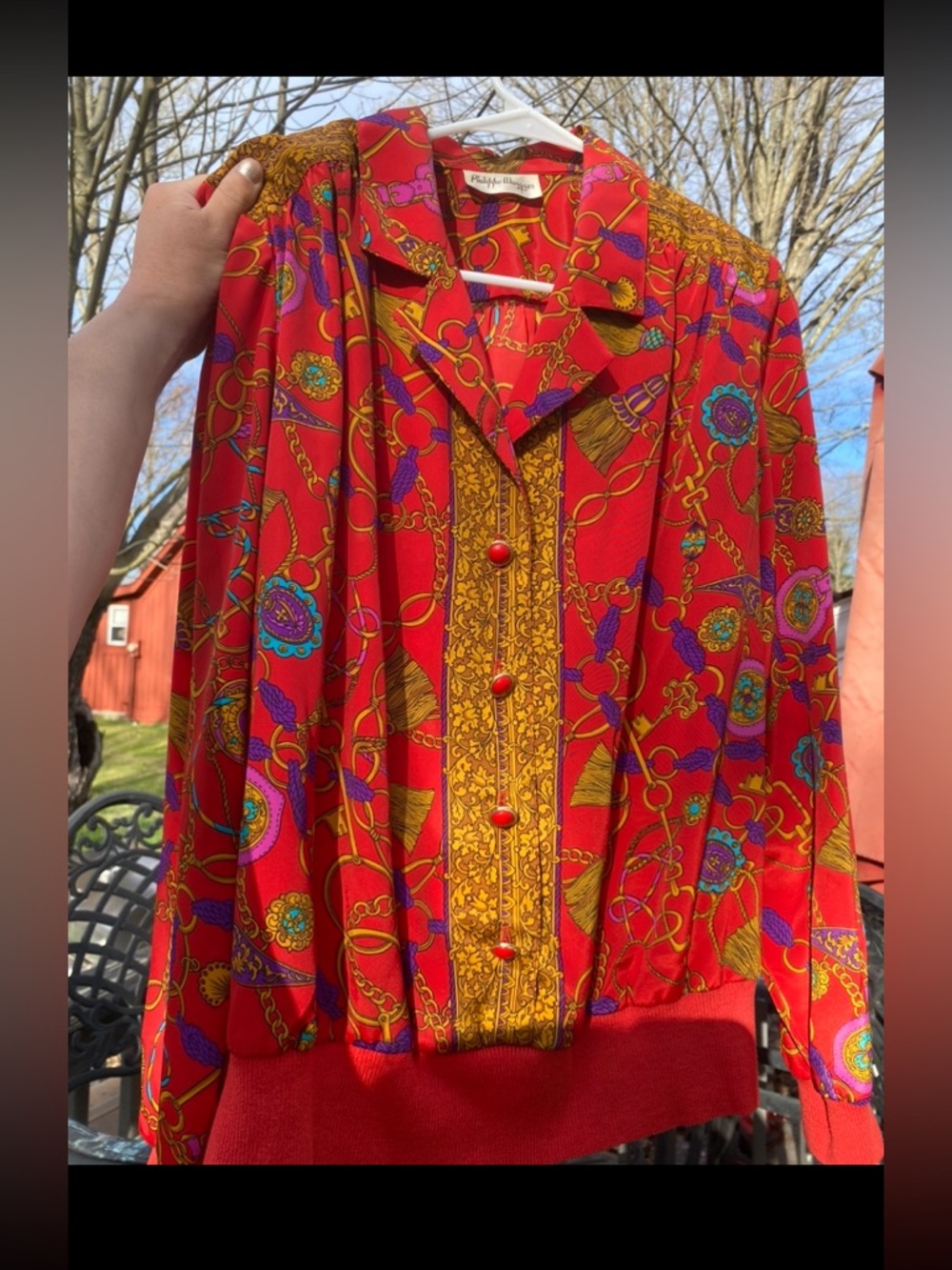 Vintage Philippe Marques Vibrant Red Multicolor Chain Printed Blouse